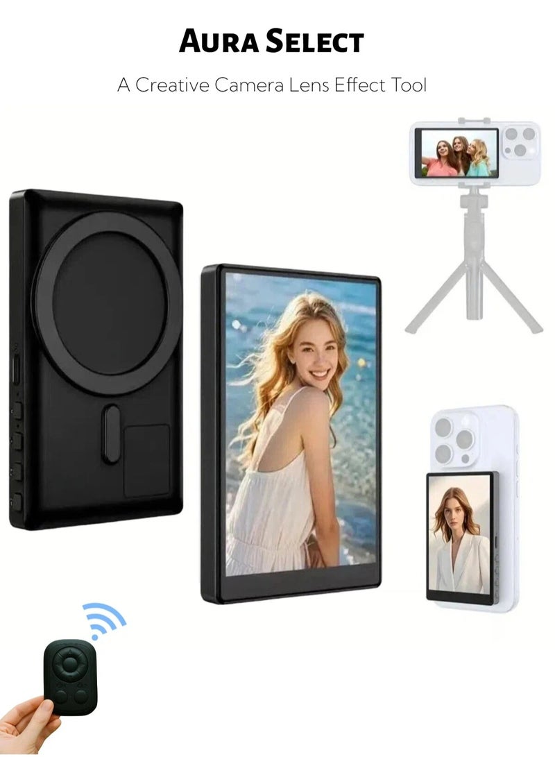  أورا سيليكت شاشة مراقبة سيلفي مدونة الهاتف | شاشة سيلفي مغناطيسية | شاشة سيلفي مرآة | شاشة سيلفي مرآة | شاشة مراقبة خلفية للكاميرا متوافقة مع هاتف آيفون وأندرويد | اتصال لاسلكي/ ريموت بلوتوث لتيكتوك، إنستجرام، يوتيوب بزمن انتقال منخفض - Image 1